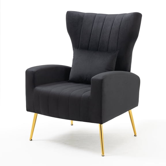 Newnno Living Room Chairs Velvet Accent Chair with Lumbar Pillow, High Back Armchair Mid Century Modern Vanity Chair for Bedroom with Armrest, Arm Chair with Golden Metal Legs, Black