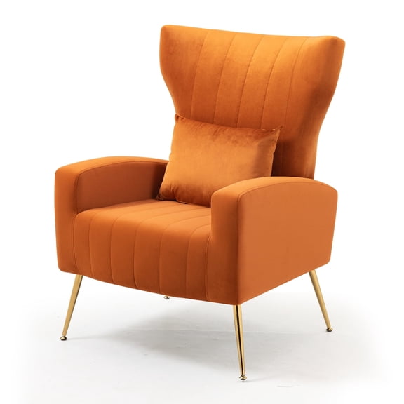 Newnno Living Room Chairs Velvet Accent Chair with Lumbar Pillow, High Back Armchair Mid Century Modern Vanity Chair for Bedroom with Armrest, Arm Chair with Golden Metal Legs, Orange