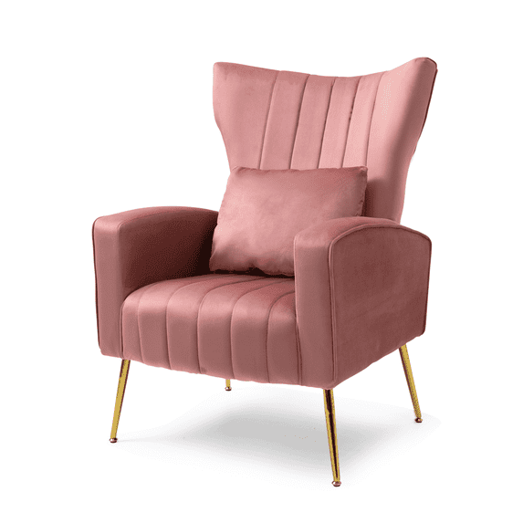 Newnno Living Room Chairs Velvet Accent Chair with Lumbar Pillow, High Back Armchair Mid Century Modern Vanity Chair for Bedroom with Armrest, Arm Chair with Golden Metal Legs, Pink