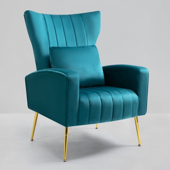 Newnno Living Room Chairs Velvet Accent Chair with Lumbar Pillow, High Back Armchair Mid Century Modern Vanity Chair for Bedroom with Armrest, Arm Chair with Golden Metal Legs, Turquoise