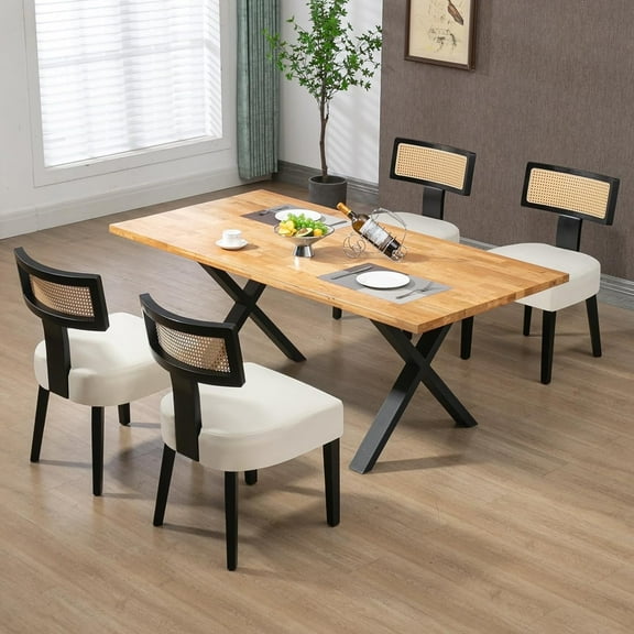 Newnno Rattan Dining Chairs Set of 4, Mid-Century Modern Kitchen & Living Room Chair with Cane Curved Back & Hardwood Frame in Black Finish, Cream Linen Upholstered