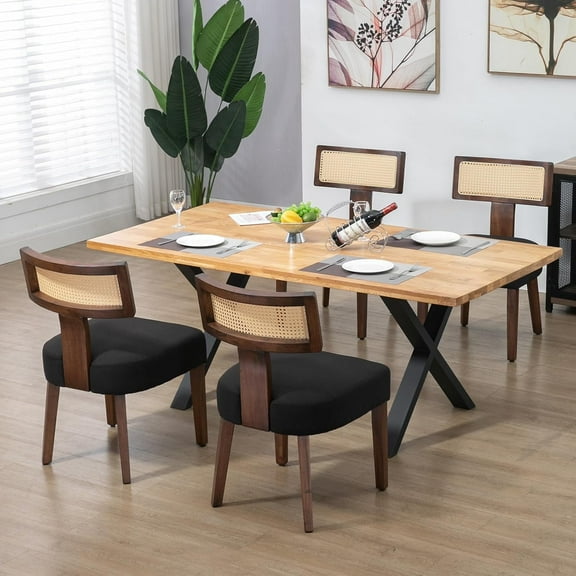 Newnno Rattan Dining Chairs Set of 4, Mid-Century Modern Kitchen & Living Room Chair with Cane Curved Back & Hardwood Frame in Dark Walnut Finish, Black Linen Upholstered