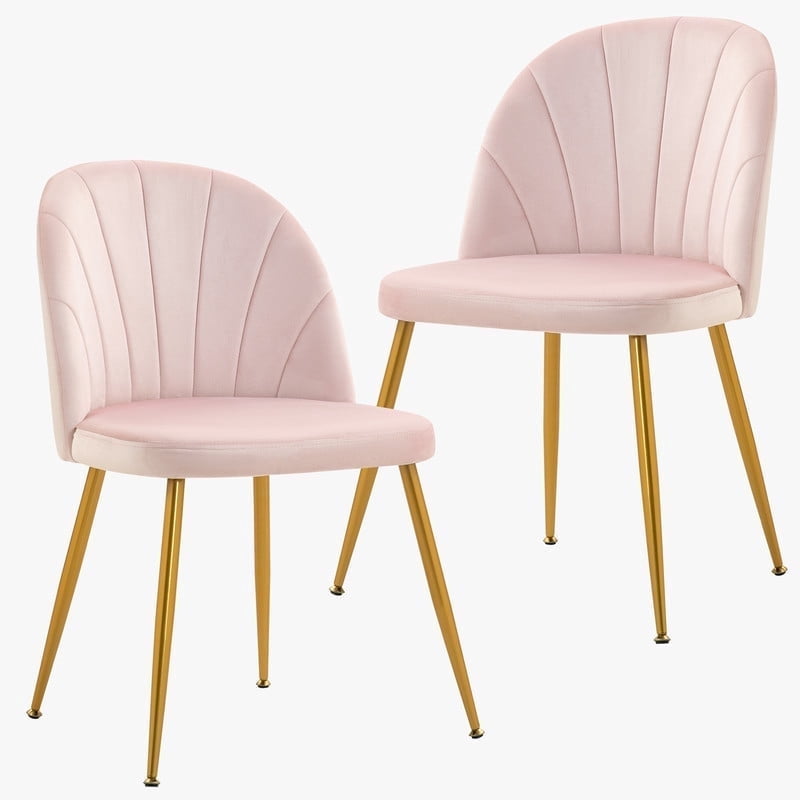Newnno Velvet Modern Dining Chairs Set of 2, Upholstered Armless Accent Side Chair with Metal Legs for Kitchen Dining Room, Pink