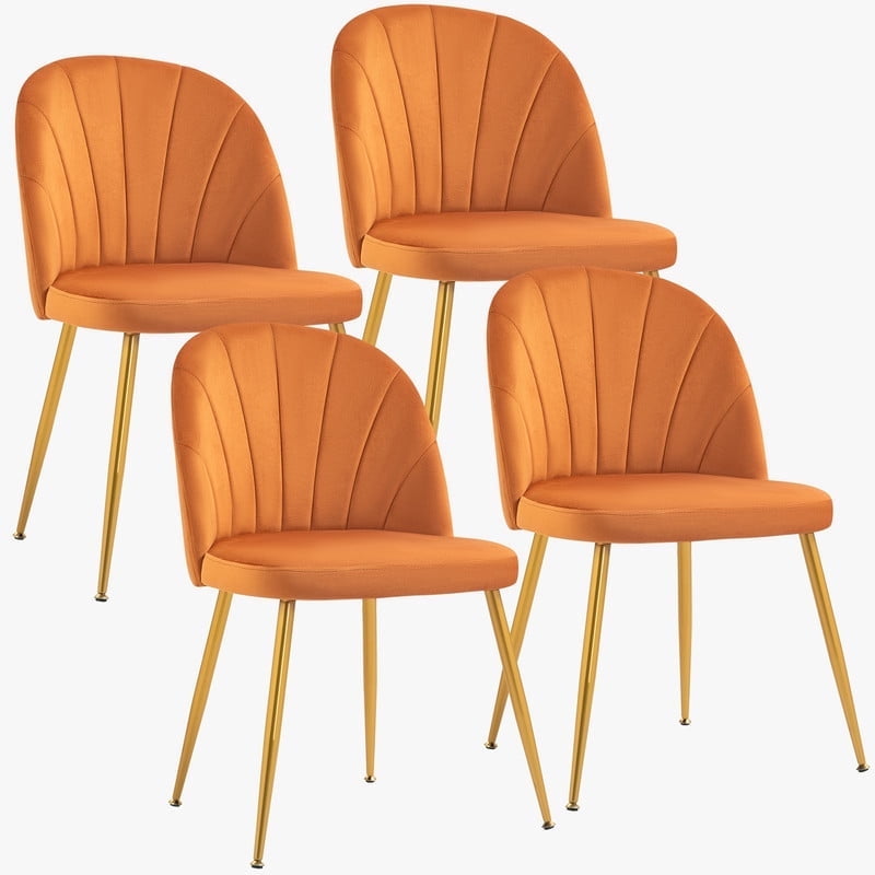 Set of 4 Orange Velvet Upholstered Side Chairs with Gold Metal Legs