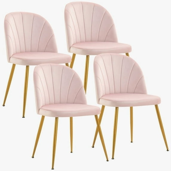 Newnno Velvet Modern Dining Chairs Set of 4, Upholstered Armless Accent Side Chair with Metal Legs for Kitchen Dining Room, Pink
