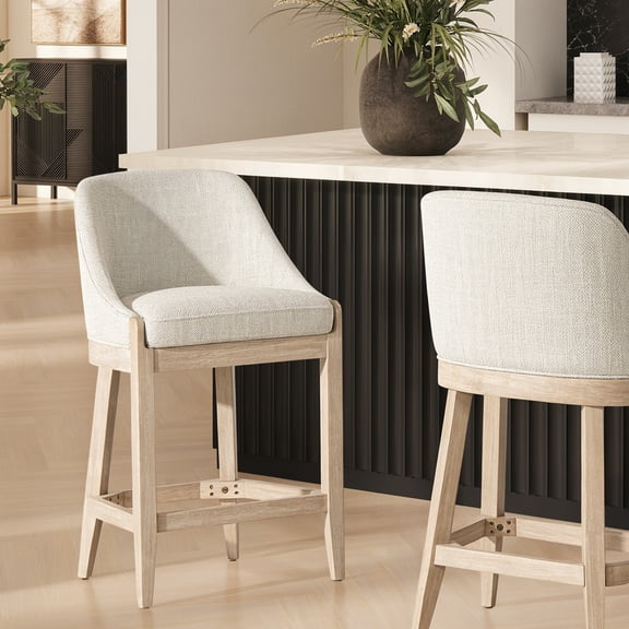 Newport 26.5" Coastal Curved Back Upholstered Counter Stool, Two-Tone Neutral Gray Polyester Wool Blend