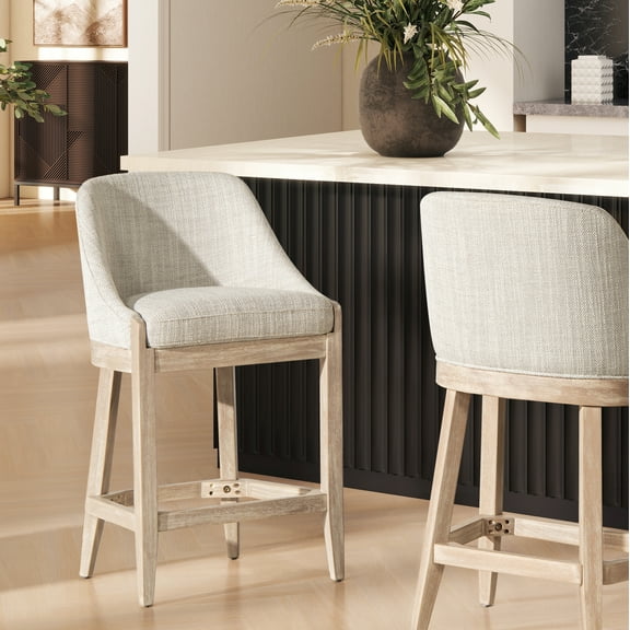 Newport 26.5" Coastal Curved Back Upholstered Counter Stool, Two-Tone Neutral Gray Polyester Wool Blend