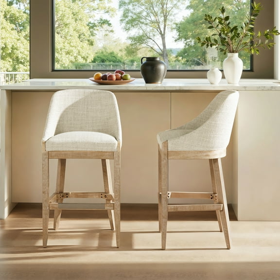 Newport 30.5" Coastal Curved Back Upholstered Barstool, Two-Tone Neutral Gray Polyester Wool Blend