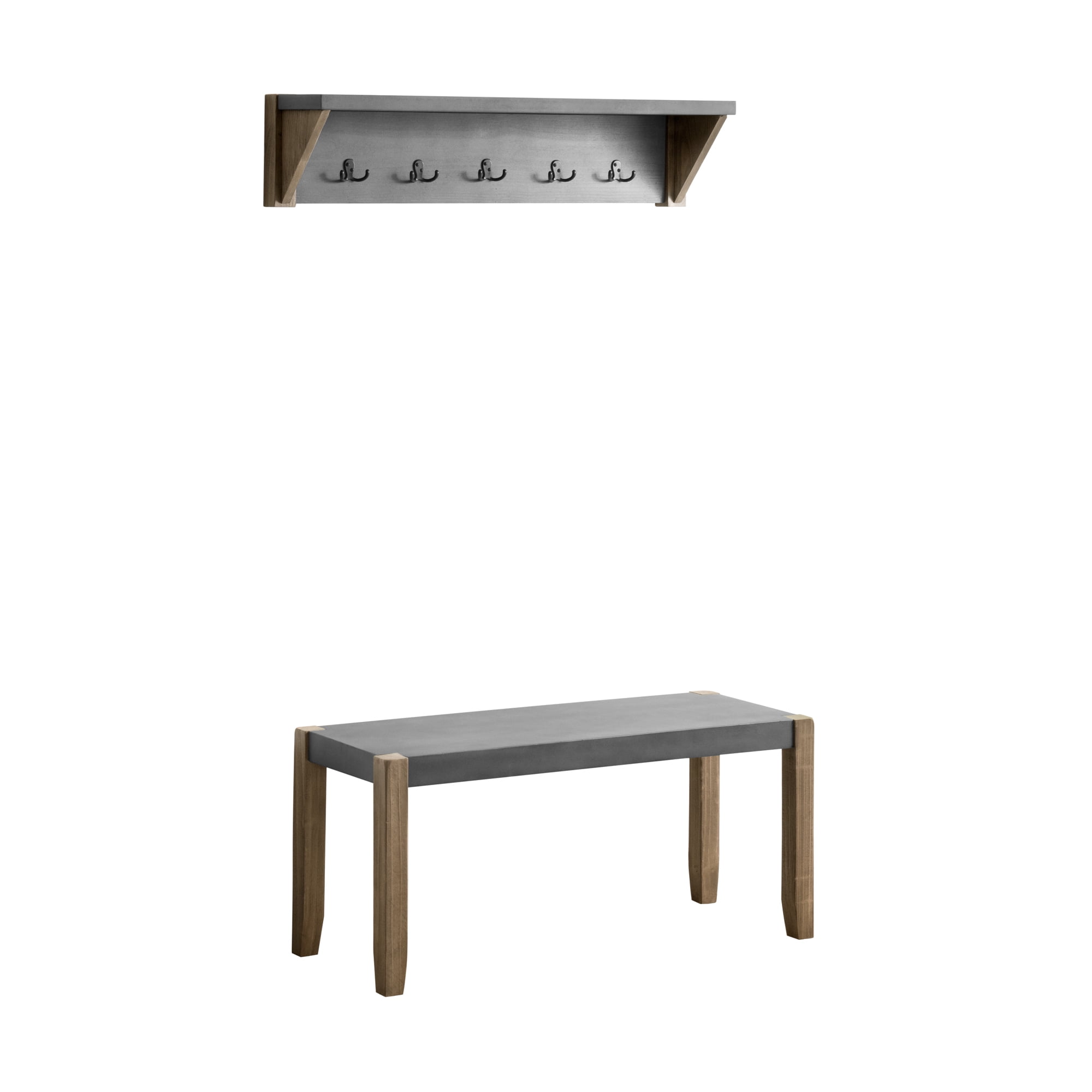 Newport Light Amber Wood and Gray Composite Entryway Bench with Coat Hooks