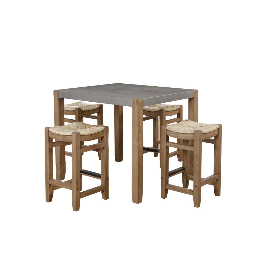 Rustic Industrial Gray Wood Counter-Height Dining Set with Seagrass Stools