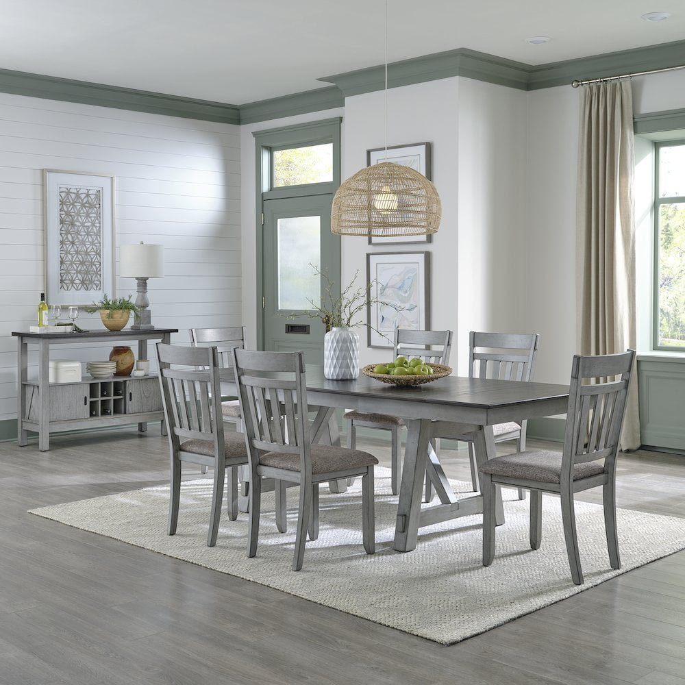 Gray 94" Trestle Dining Table Set with 6 Chairs