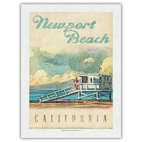Newport Beach California - Lifeguard Tower - Vintage Travel Poster by Wade Koniakowsky - Japanese Unryu Rice Paper Art Print (Unframed) 18 x 24 in