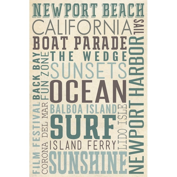 Newport Beach, California, Typography (24x36 Giclee Gallery Art Print, Vivid Textured Wall Decor)