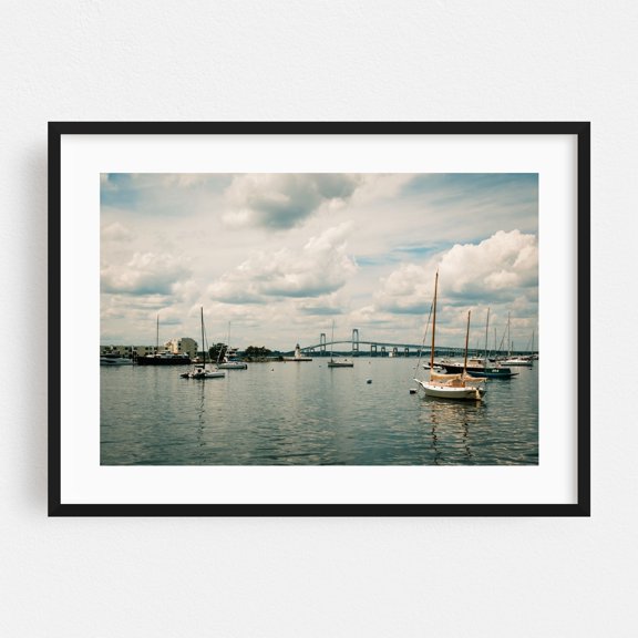 Newport Bridge - Newport Rhode Island Photography Sailboat Harbor Bridge Water Lighthouse Seascape Nautical Black Framed Wall Art Print 20 x 30 inches