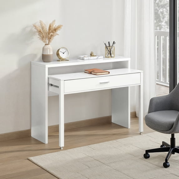 Convenience Concepts Newport JB Console/Sliding Desk with Drawer and Riser, White