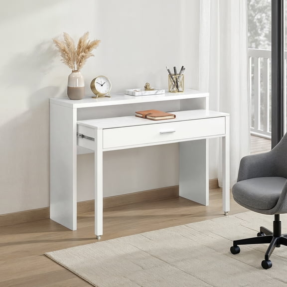 Convenience Concepts Newport JB Console/Sliding Desk with Drawer and Riser, White