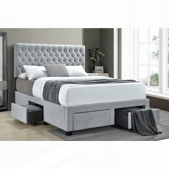 Newport Light Grey 4-Drawer Tufted Storage Eastern King Bed - Sturdy Asian Frame & Button-Tufted Headboard