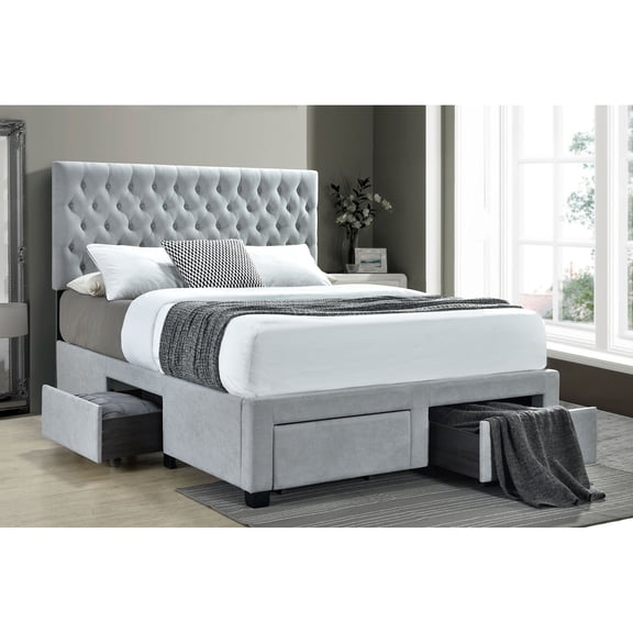 Newport Light Grey Upholstered Eastern King Storage Bed with Tufted Headboard | 4 Drawers | Asian Hardwood & MDF Frame | Box Spring Not Required | Perfect for Bedroom Organization