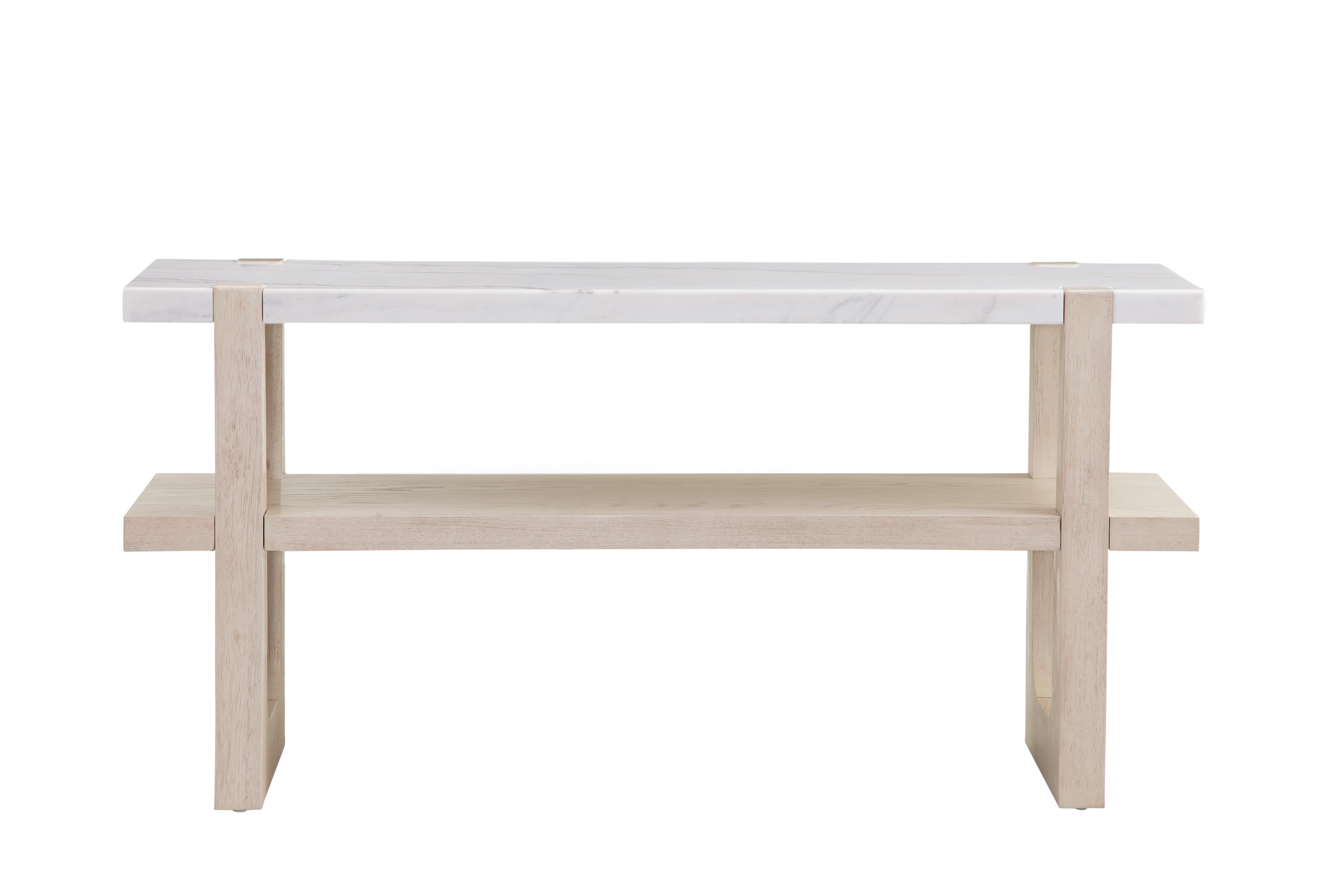 Coastal Modern Sun-Bleached Ash & White Marble Console Table with Storage