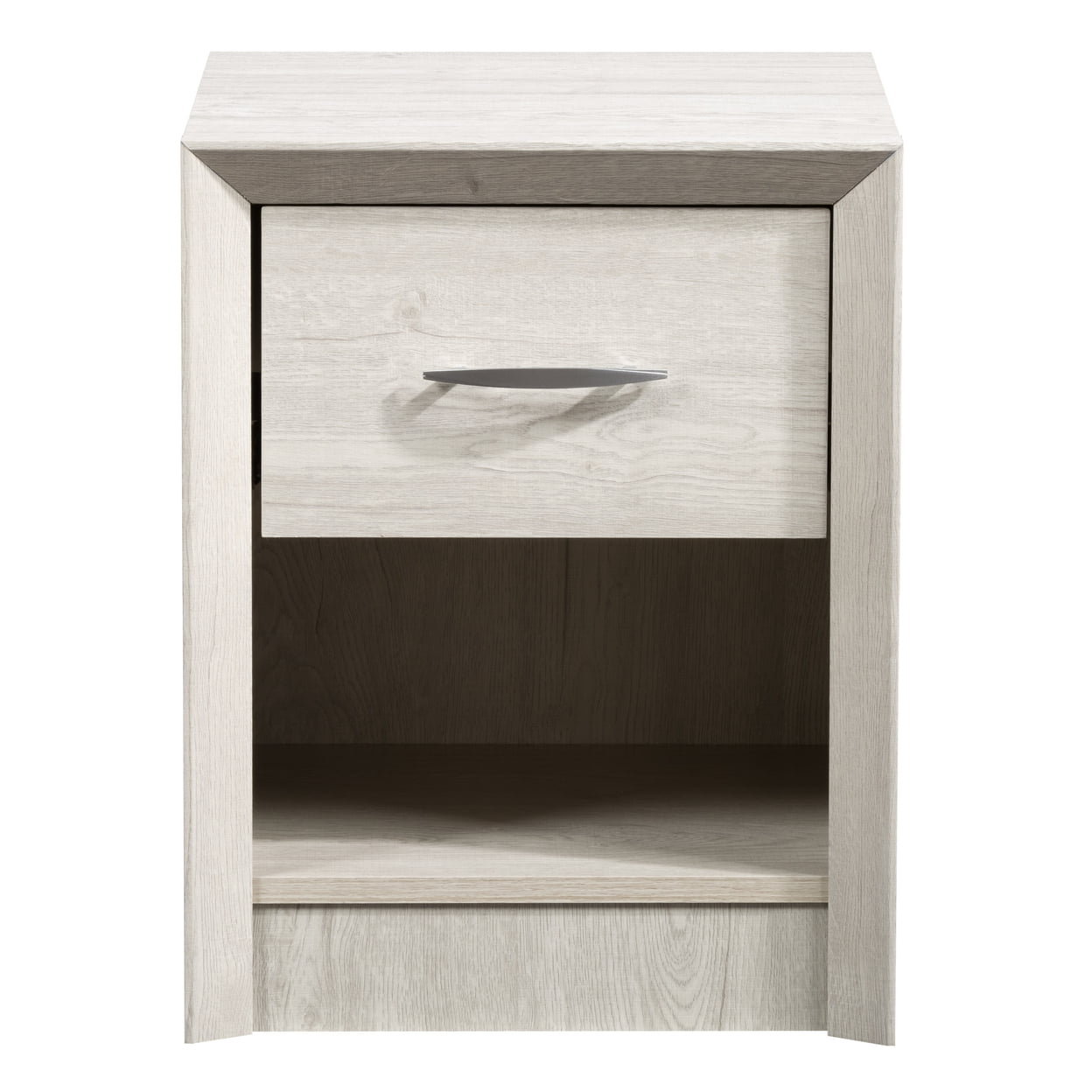 White-Washed Oak Mid-Century Modern Nightstand with Drawer and Open Cubby