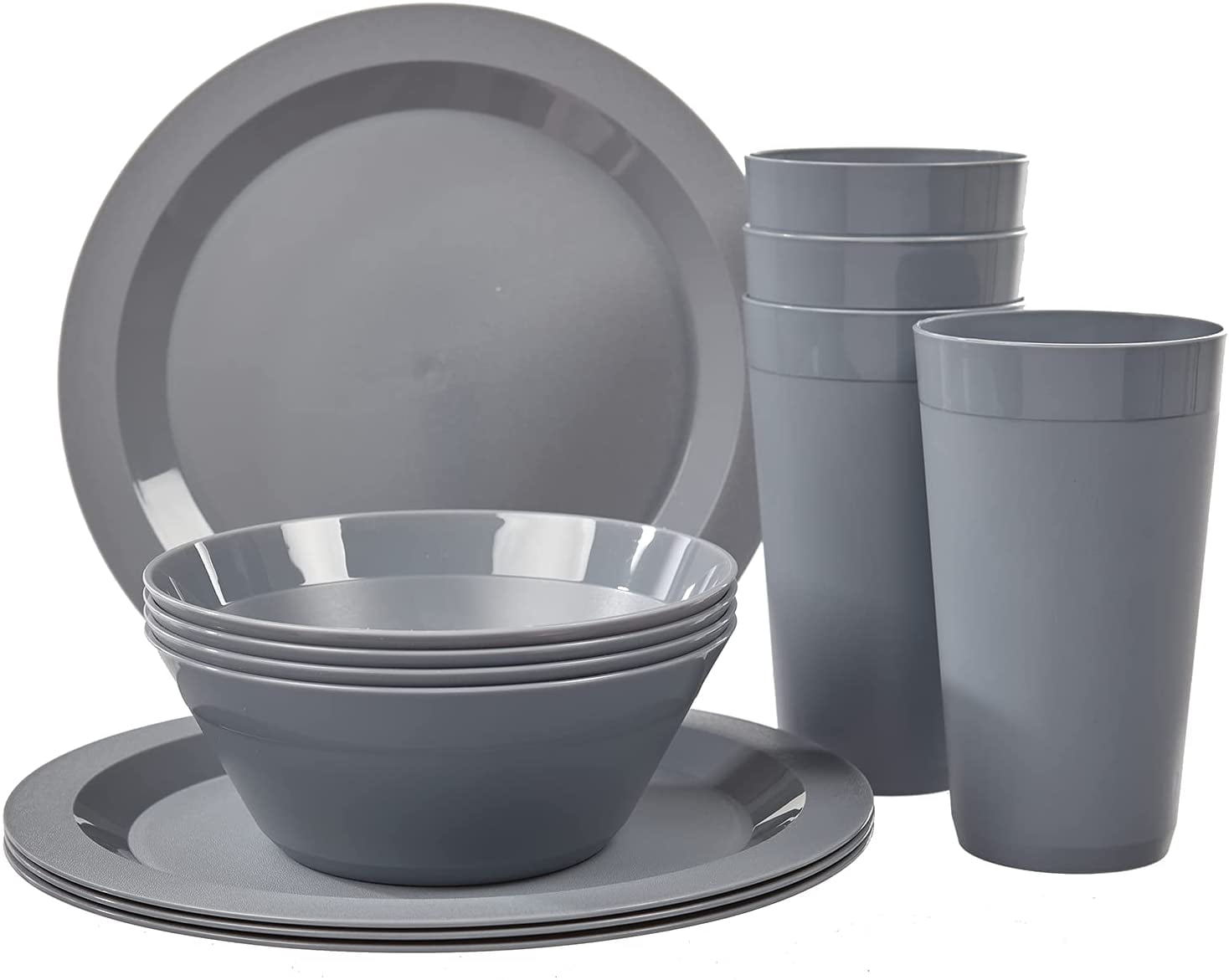 Newport Plastic Plate, Bowl and Tumbler Dinnerware Set for 4 in Grey ...