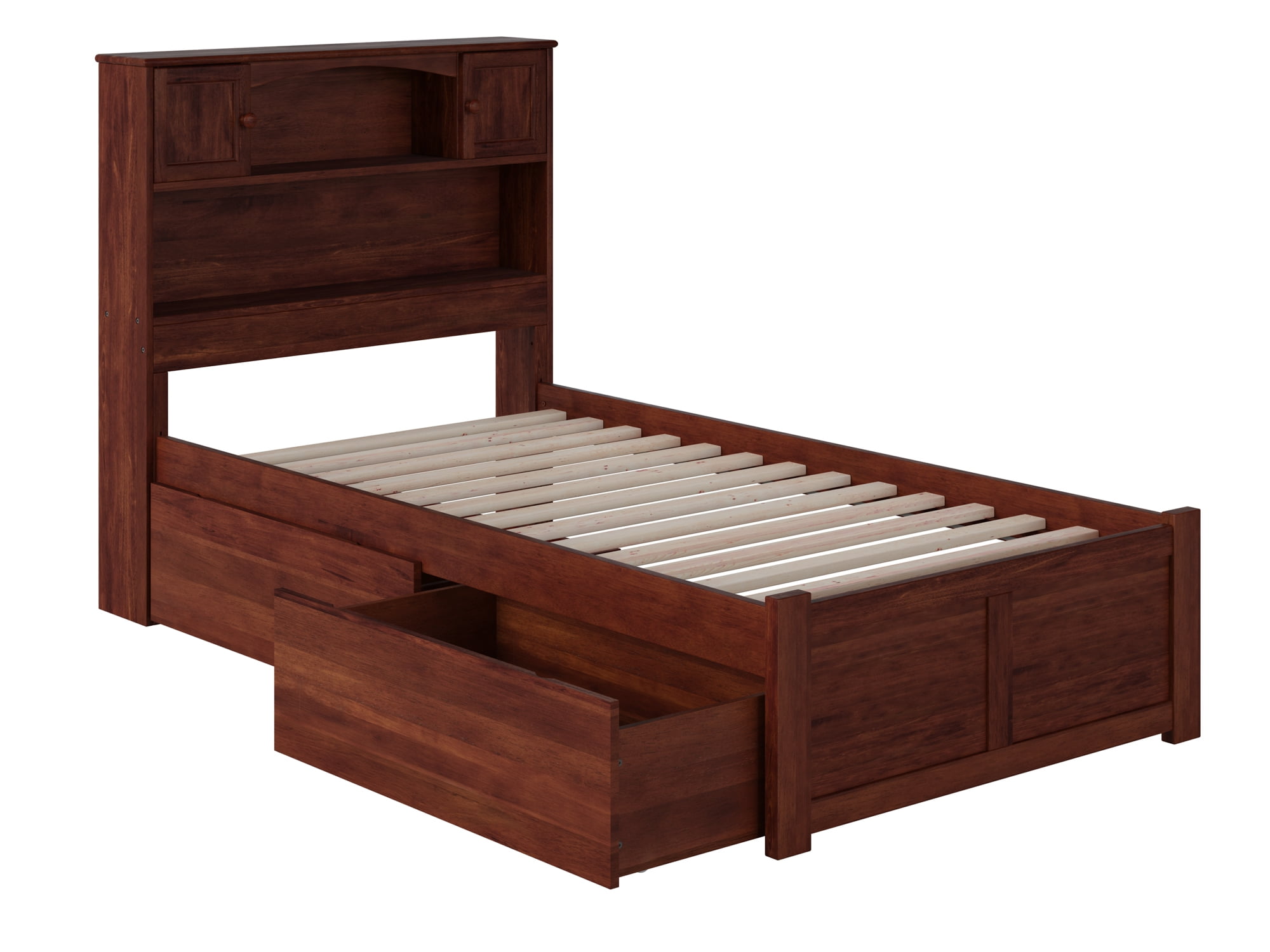 Newport Twin Walnut Platform Bed with Storage Drawers and Bookcase Headboard