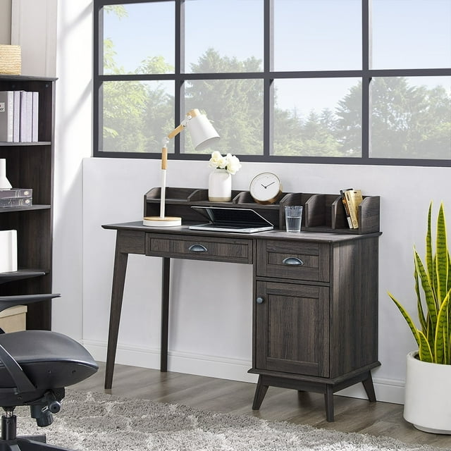 Caffoz Newport Series Computer Desk with Hutch Home Office Writing Desk, Wood Workstation w/Shelves, Study Desk for Small Spaces Smoky Oak