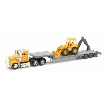 Newray 1:43 Trailer Kenworth W900 with Backhoe Loader 1/43 Scale Replica