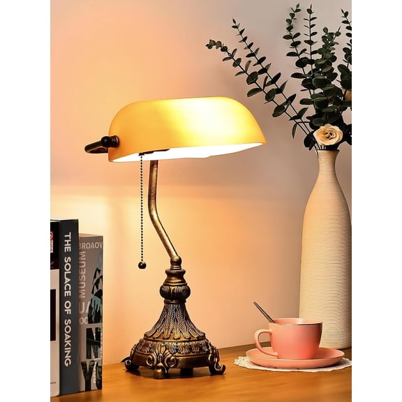 Newrays Vintage Amber Glass Bankers Desk Lamp for Home Office, Library with Pull Chain Switch Plug in Fixture, LED Bulb Included