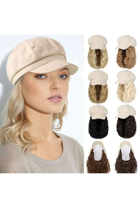 Newsboy Cap with Wavy Curly Hair Extensions for Women Hat Attached Synthetic Wig Short Extensions