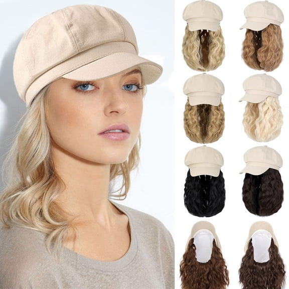 Newsboy Cap with Wavy Curly Hair Extensions for Women Hat Attached Synthetic Wig Short Extensions