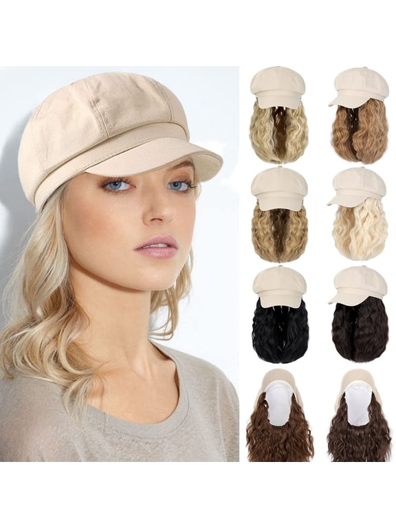 Newsboy Cap with Wavy Curly Hair Extensions for Women Hat Attached Synthetic Wig Short Extensions