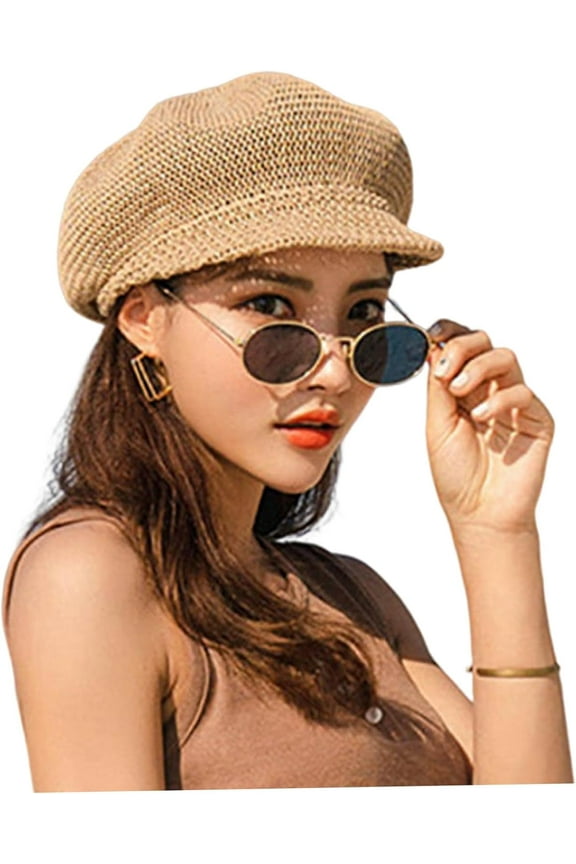 Newsboy Caps Straw Cap Women Summer Newsboy Cap Straw Knitted Beach Sun Hat with Adjustable Rope for Women Sun Hat Khaki