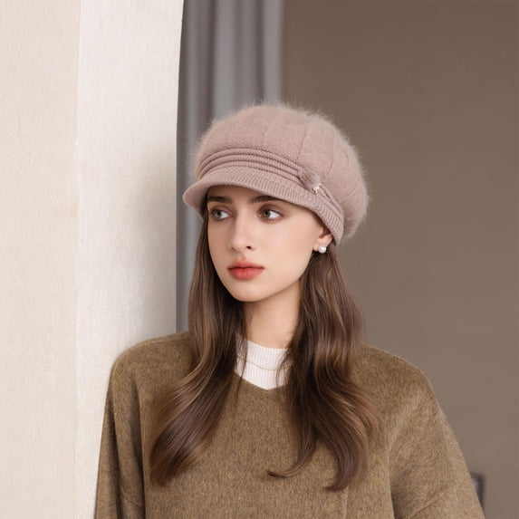Newsboy Hat Women Knit Crochet Flower Winter Beret Warm Beanie Cap Soft Vintage with Brim Fall Winter Fashion