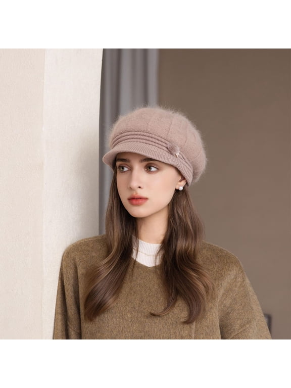 Newsboy Hat Women Knit Crochet Flower Winter Beret Warm Beanie Cap Soft Vintage with Brim Fall Winter Fashion