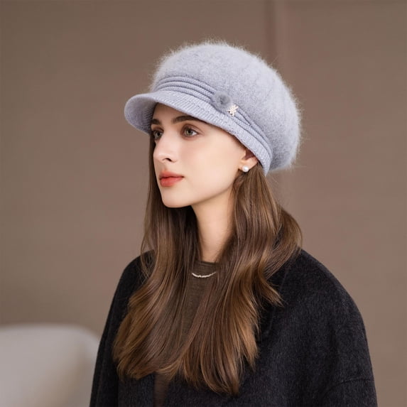 Newsboy Hat Women Knit Crochet Flower Winter Beret Warm Beanie Cap Soft Vintage with Brim Fall Winter Fashion