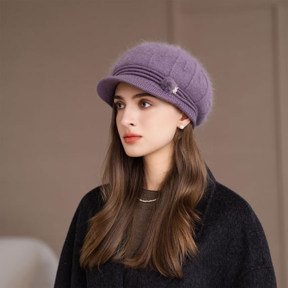 Newsboy Hat Women Knit Crochet Flower Winter Beret Warm Beanie Cap Soft Vintage with Brim Fall Winter Fashion