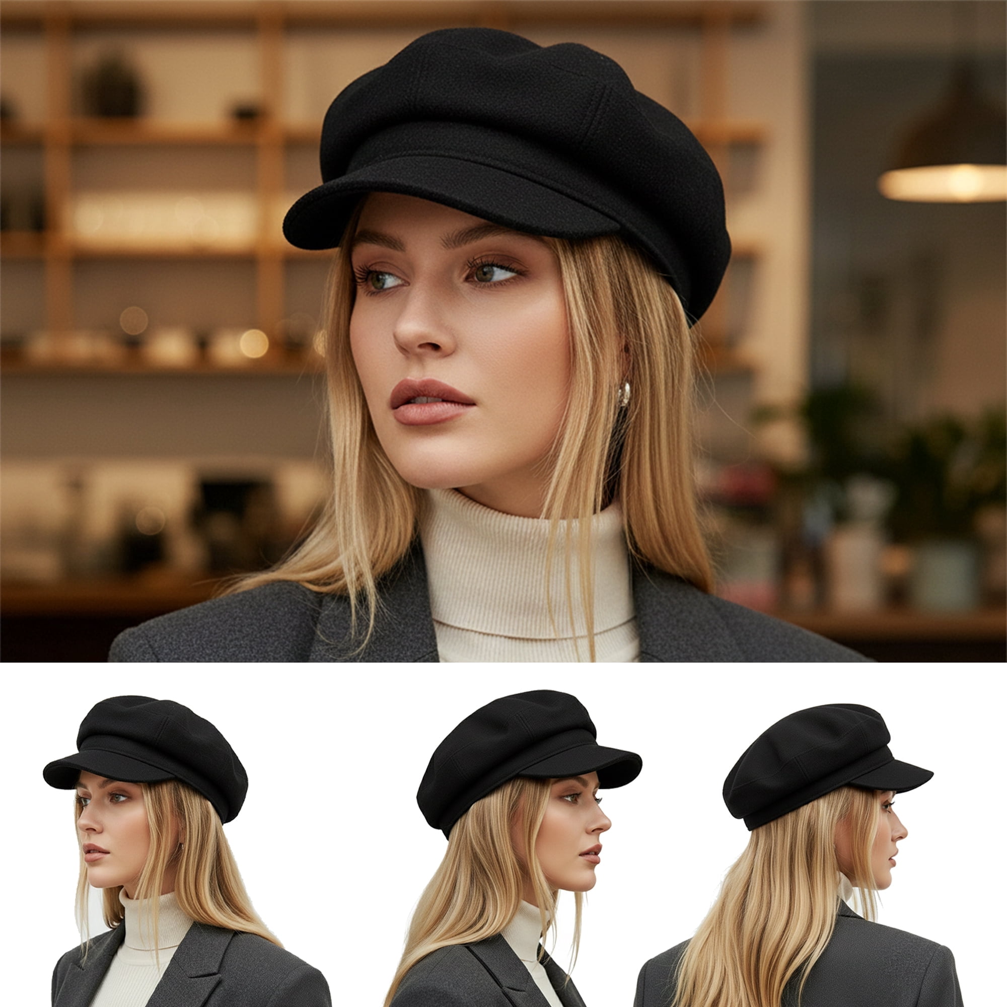 Yanmucy Newsboy Cap Für Damen – PU-Leder, Wintermütze Mit Visier, Vintage, Verstellbarer Umfang (54–58 Cm), 8-Panel-Design, In 5 Farben