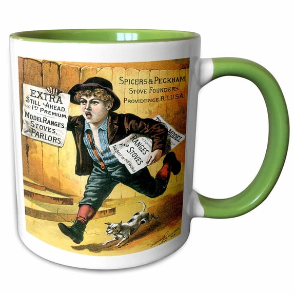 Newsboy Running with Papers and Dog Stoves and Ranges Advertisement 15oz Two-Tone Green Mug mug-170396-12