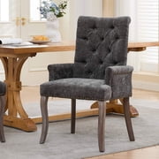 Newset Solid Wood Arm Dining Chair, Upholstered Chenille with Tufted Back & Curved Legs, Gray, 300lb