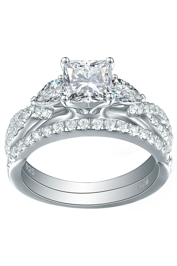 Newshe 1.7ct Princess Pear White AAAAA Cz 925 Sterling Silver Engagement Wedding Ring Set Size 6