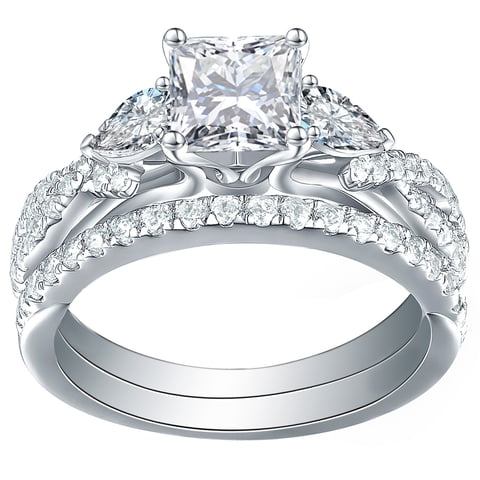 Newshe 1.7ct Princess Pear Wedding Rings for Women White AAAAA Cz Engagement Bridal Ring Set Size 6