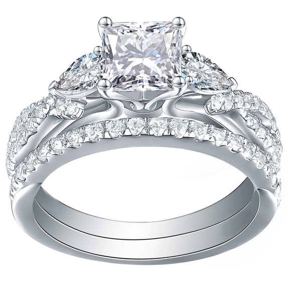 Newshe 1.7ct Princess Pear Wedding Rings for Women White AAAAA Cz Engagement Bridal Ring Set Size 6