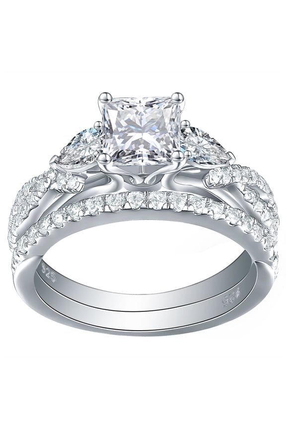 Newshe 1.7ct Princess Pear White AAAAA Cz 925 Sterling Silver Engagement Wedding Ring Set Size 7.5