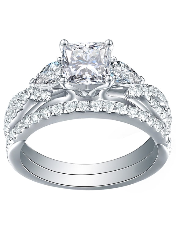 Newshe 1.7ct Princess Pear Wedding Rings for Women AAAAA Cz Engagement Bridal Ring Set 18K White Gold Plated Size 9