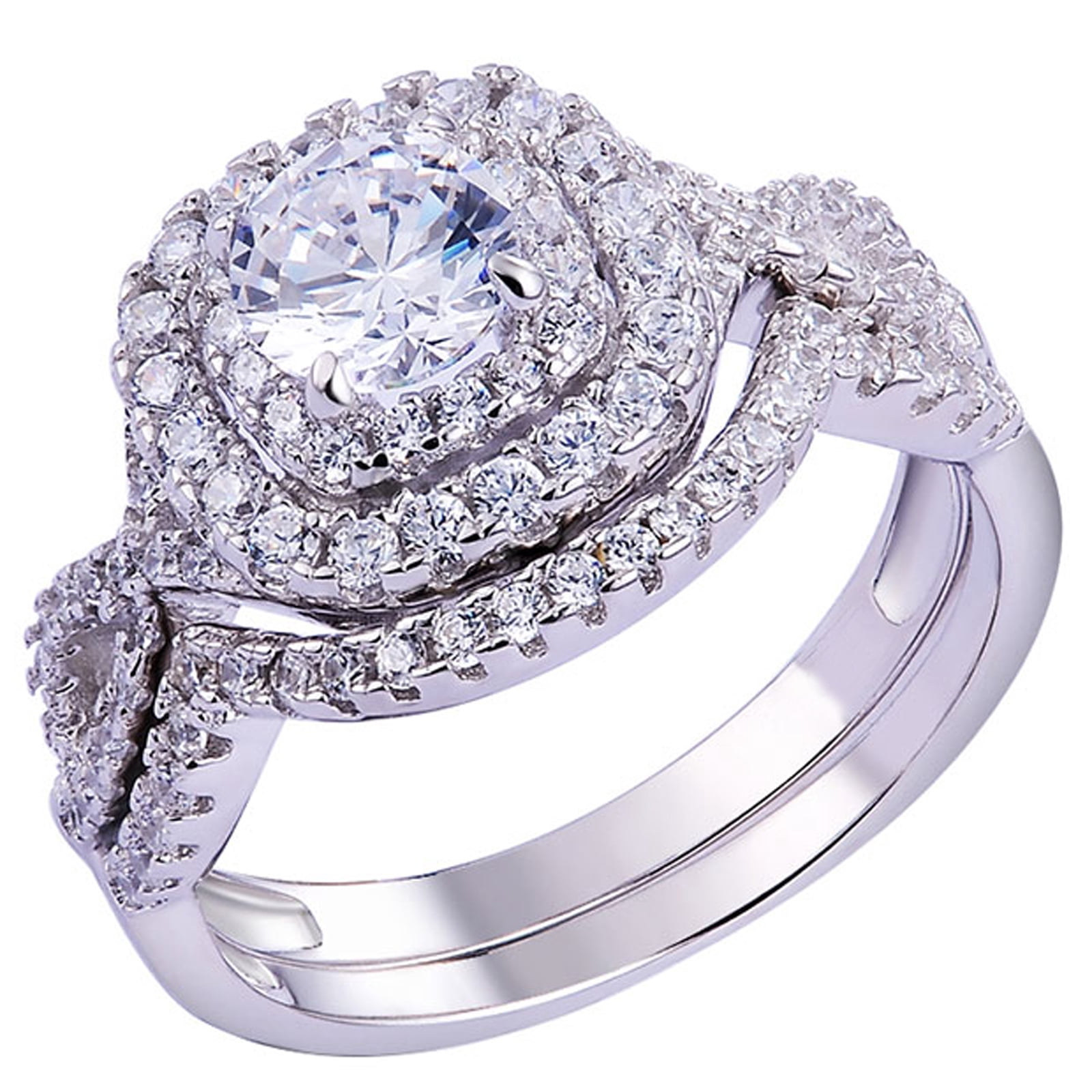 Newshe 1.8Ct Wedding Band Engagement Ring Set for Women Double Halo ...