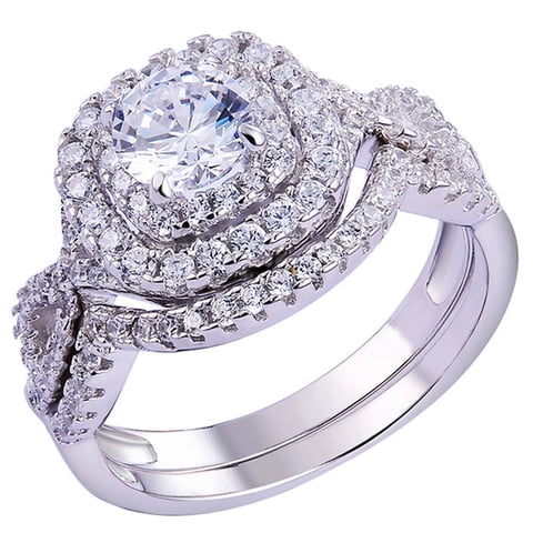Newshe 1.8Ct Wedding Band Engagement Ring Set for Women Double Halo Bridal Rings Round CZ White Gold Plated Size 6