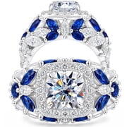 Newshe 6 CT Moissanite Halo Princess Engagement Wedding Rings for Women Blue Sapphire Marquise Promise Size 5