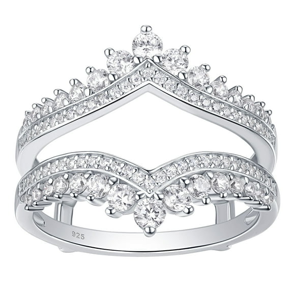 Newshe Wedding Bands for Women Crown Double Ring Enhancer for Engagement Rings 925 Sterling Silver Cubic Zirconia Size 7