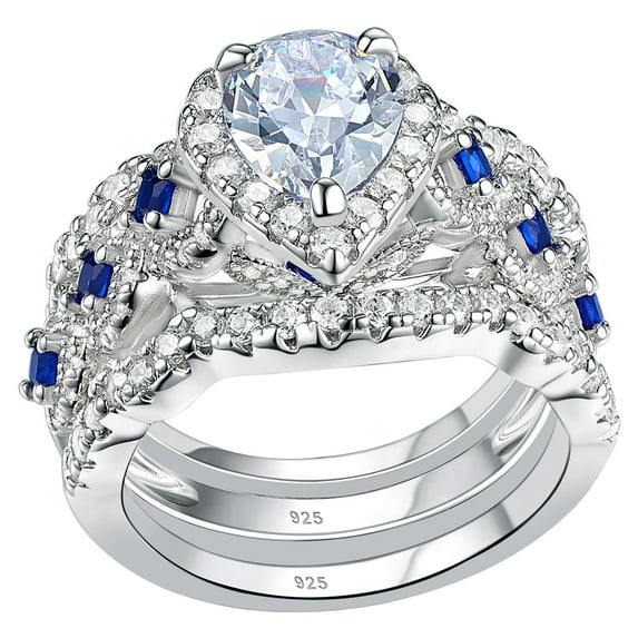 Newshe Jewellery Engagement Wedding Ring Set Rings For Women 925 Sterling Silver 3pcs 2.5ct Pear White Cz Blue Size 6
